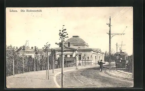 AK Libau, Die Badeanstalt mit Strassenbahn