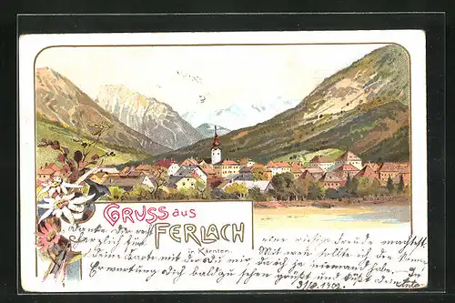 Lithographie Ferlach, Totale mit Gebirgswand