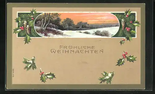 Präge-AK Weihnachtsgruss, Panorama einer verschneiten Waldlandschaft