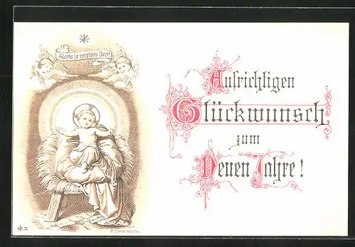 Lithographie Neujahrsgruss, Neujahrsengel und das Christkind