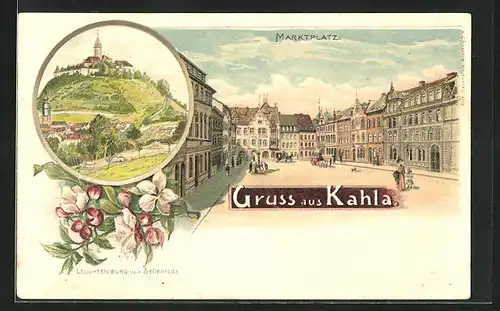 Lithographie Kahla, Marktplatz, Leuchtenburg von Seitenroda