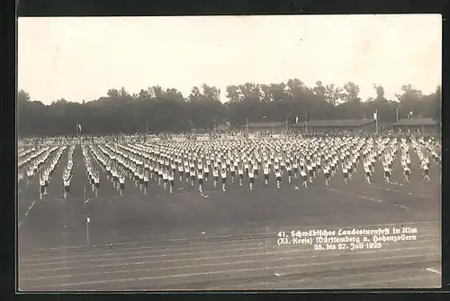 AK Ulm, Festpostkarte des 41. Landesturnfestes 1925, XI. Kreis Württemberg u. Hohenzollern, Turner bei Freiübungen