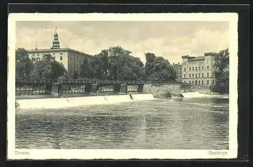 AK Dessau, Flusspartie mit Gestänge und Schloss