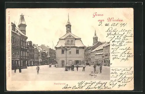 AK Werdau, Blick auf den Marktplatz mit Passanten