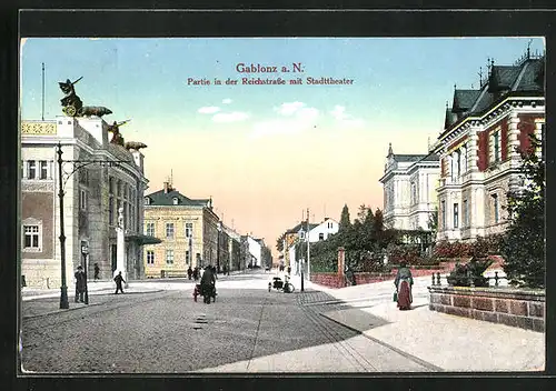 AK Gablonz / Jablonec Nad Nisou, Partie in der Reichsstrasse mit Stadttheater