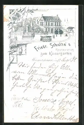 Lithographie Marmelshagen, Restaurant Friedrich Schulte u. Strassenbahn