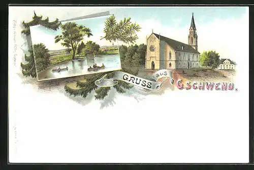 Lithographie Gschwend, Kirche und Teich