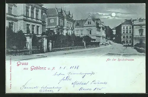 Mondschein-AK Gablonz / Jablonec Nad Nisou, An der Reichstrasse mit Bäumen