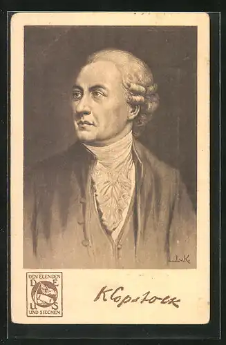 Künstler-AK Friedrich Gottlieb Klopstock, Gesellschaft Den Elenden Und Siechen Karte 4 Serie I, Darstellung des Dichters