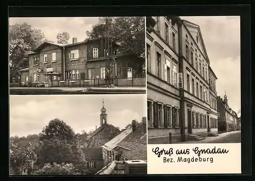 AK Gnadau /Magdeburg, Bahnof, Blick vom Zinzendorfhaus zur Kirche