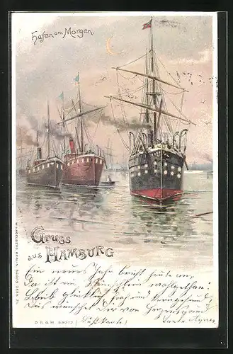 Lithographie Hamburg, Hafen am Morgen, Halt gegen das Licht