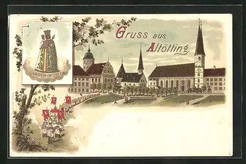 Lithographie Altötting, Panorama der Wallfahrtskirche und Gnaden-Mutter