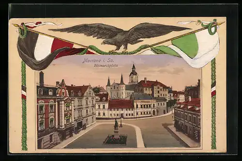 AK Meerane i. Sa., Bismarckplatz mit Denkmal, Aar