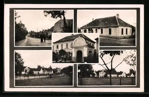 AK Netrebice, Strassenpartie im Ort, Wohnhäuser, vor der Schule