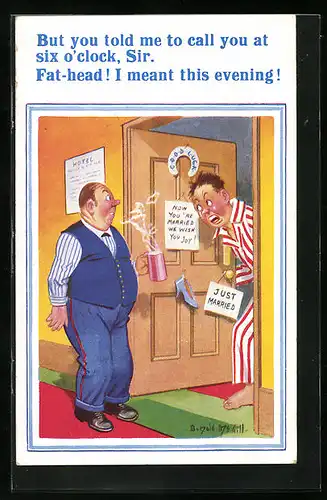 Künstler-AK Donald McGill: But you told me to call you at six o`clock, Sir..., Hotelpage mit Kaffee bei Mann vor der Tür