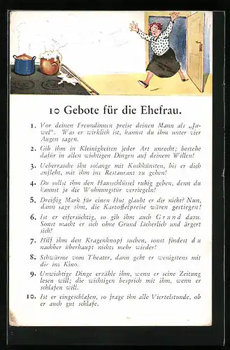 Künstler-AK 10 Gebote für die Ehefrau, frauenfeindlicher Humor