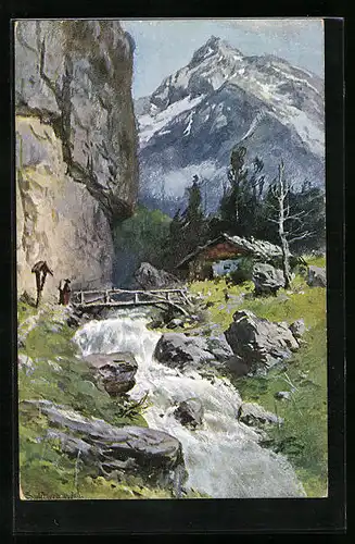 Künstler-AK August Splitgerber: Berglandschaft mit Gebirgsflusslauf