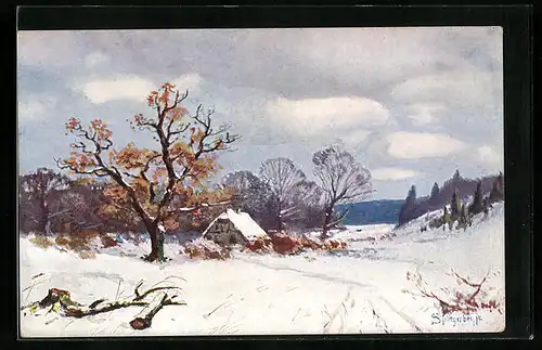 Künstler-AK August Splitgerber: Einzelnes Haus in winterlicher Landschaft