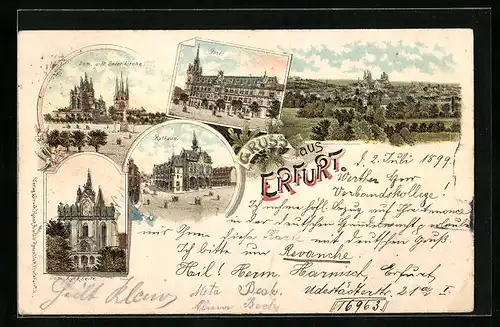 Lithographie Erfurt, Post, Dom u. St. Severikirche, Rathaus, Totalansicht