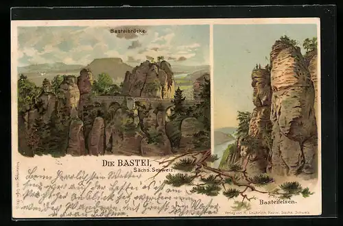 Lithographie Bastei, Basteibrücke u. -felsen