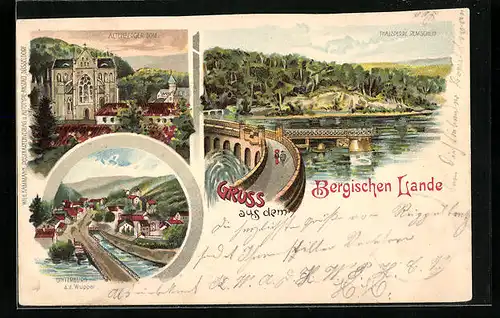 Lithographie Unterburg a. d. Wupper /Bergisches Land, Teilansicht, Altenberger Dom, Talsperre Remscheid