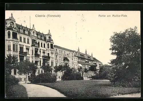 AK Cüstrin / Kostrzyn, Partie am Moltke-Platz in der Vorstadt