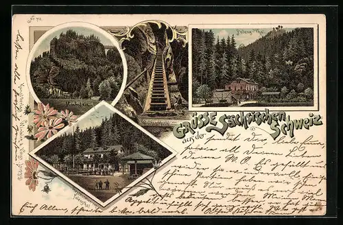 Lithographie Hohnstein /Sächsische Schweiz, Restaurant im Polenztal, Wolfsschlucht, Hockstein