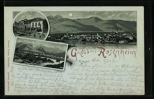 Mondschein-Lithographie Rosenheim, Kaiserbad, Gesamtansicht mit Bergpanorama