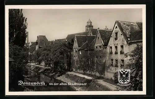 AK Donauwörth, Ortspartie an der alten Stadtmauer, Stadtwappen