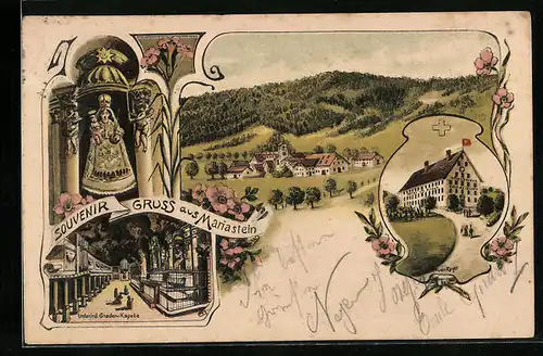 Lithographie Mariastein, Unterirdische Gnaden-Kapelle, Hotel Kreuz, Totalansicht