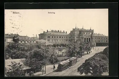 AK Brünn / Brno, Bahnhof und Bahnring aus der Vogelschau, Strassenbahn