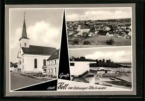 AK Kell, Ortsansicht, Kirche und Schwimmbad