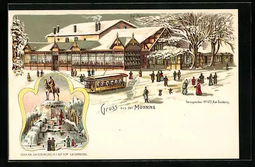 Winter-Lithographie Duisburg, Gasthaus Monning mit Strassenbahn, Denkmal Kaiser Wilhelm I. auf dem Kaiserberg