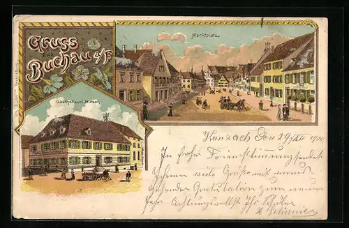 Lithographie Buchau a /F., Gasthof zum Hirsch, Marktplatz mit Geschäft