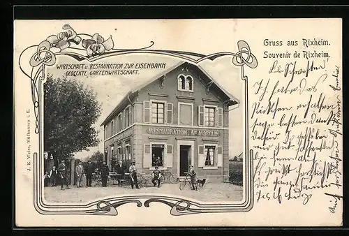 AK Rixheim, Restaurant zur Eisenbahn, davor Gäste