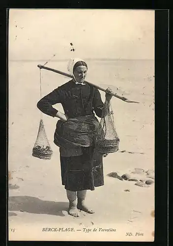 AK Berck-Plage, Type de Verrotière, Muschelsammlerin