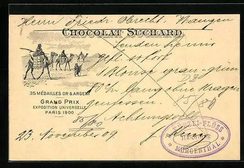 Lithographie Chocolat Suchard, Karawane mit Schokoladenfracht vor Pyramiden