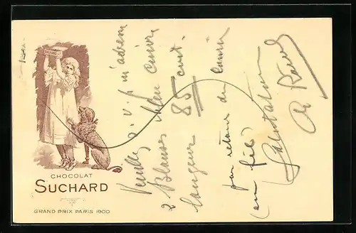 AK Reklame für Chocolat Suchard, Hund bettelt an einem Mädchen nach Schokolade, Grand Prix Paris 1900, Ganzsache