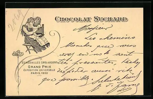 AK Reklame für Chocolat Suchard, zwei Mädchen naschen Schokolade, Grand Prix Paris 1900, Ganzsache