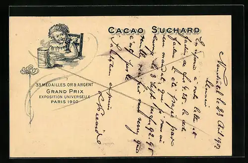 AK Reklame für Cacao Suchard, Mädchen sitzt am Tisch und trinkt Kakao, Grand Prix Paris 1900