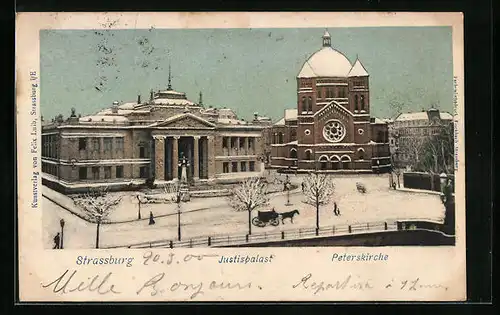 AK Strassburg, Justizpalast und Peterskirche im Winterglanz