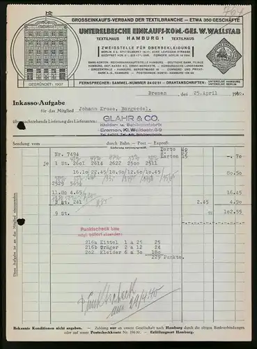 Rechnung Bremen 1940, Verkaufshaus der Unterelbsche Einkaufs-Kom.-Ges. W. Wallstab