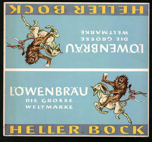 Vertreterkarte Löwenbräu, die grosse Weltmarke, Heller Bock, Löwe reiter auf einem Ziegenbock