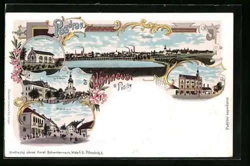 Lithographie Prag / Praha-Uhrineves, Telocvicna Sokola, Prazska ulice, Obecna skola