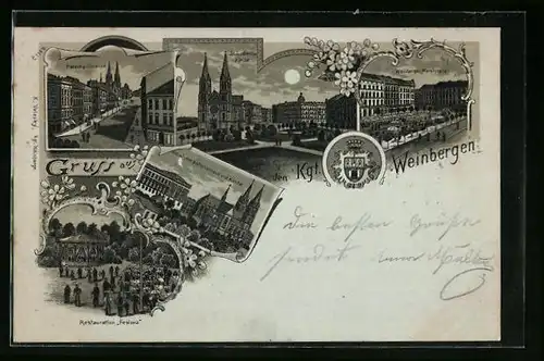 Mondschein-Lithographie Prag / Praha, Kgl. Weinberge, Palachy Strasse, Restaurant Feslova, Weinberger Marktplatz