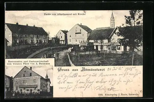 AK Altmünsterol, Restaurant zum weissen Pferd, Strassenpartie mit Kirchblick