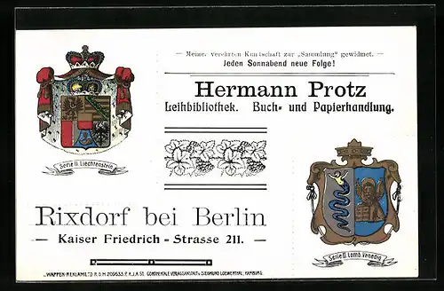 Künstler-AK Rixdorf bei Berlin, Buch- und Papierhandlung Hermann Protz, Kaiser Friedrich-Strasse 211, Wappen