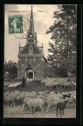 AK Equennes, L`Eglise, Schäfer mit seiner Schafherde