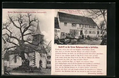 AK Schlichten b. Schorndorf, Gasthaus und Bäckerei zur Rose, Kaiser Barbarossa-Linde