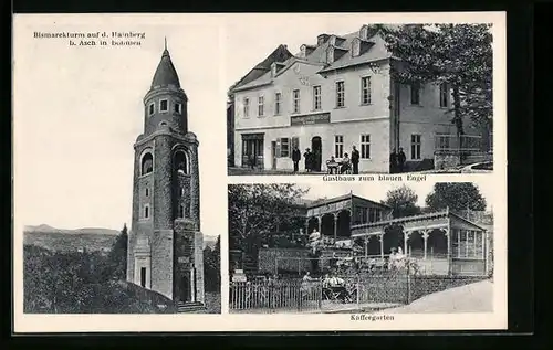 AK Asch, Gasthaus zum blauen Engel, Bismarckturm auf d. Hainberg, Kaffeegarten